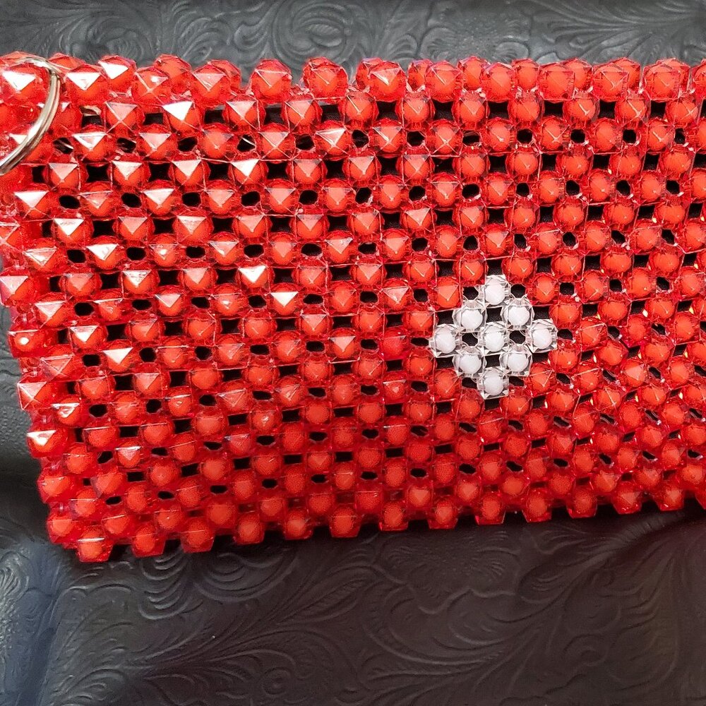 Red Beaded Purse with White Diamond Center Design **Brand New**